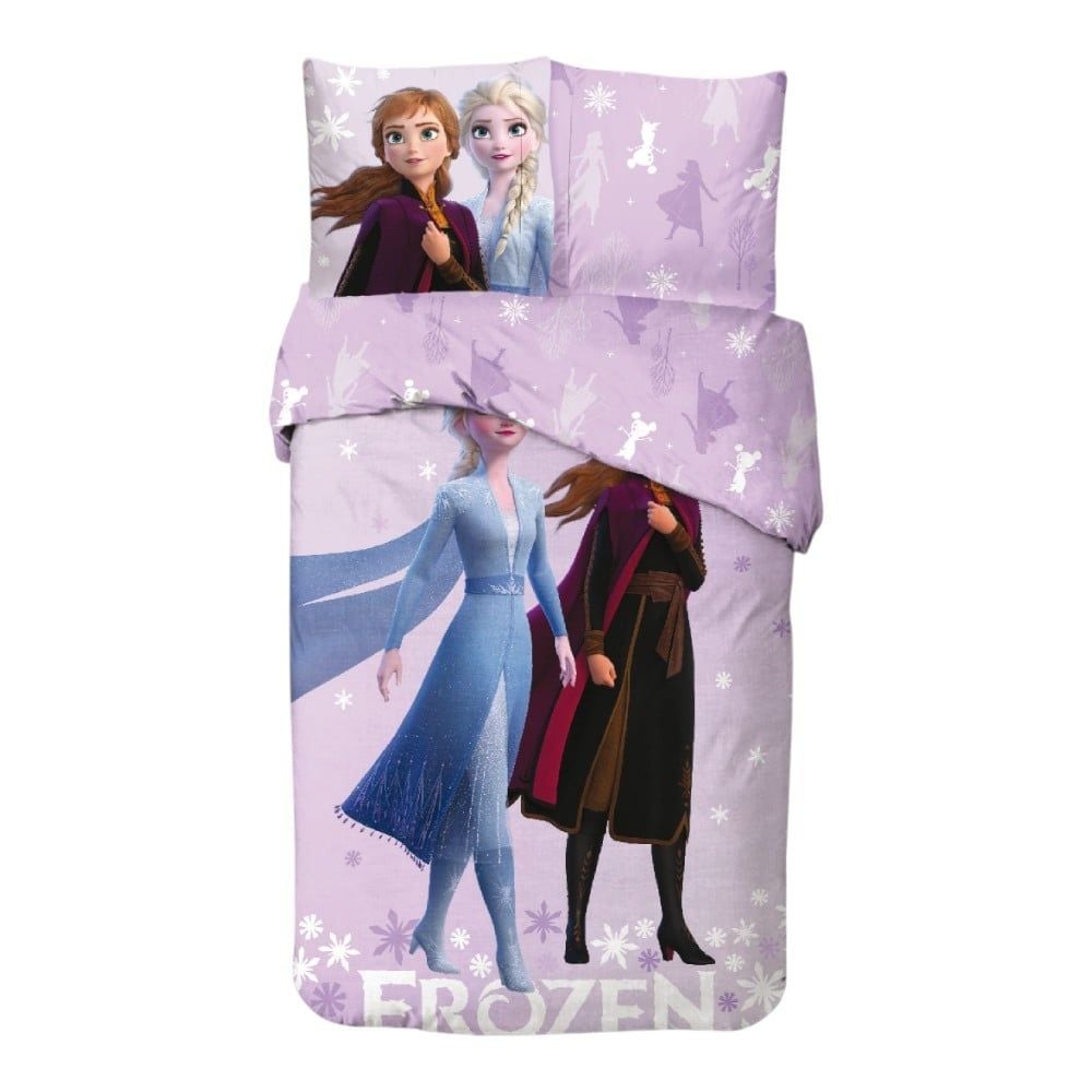 Set lenjerie pat, 100% bumbac, 2 piese, 140x200 cm, 65x65 cm, mov, Happy, Frozen,Ana si Elsa