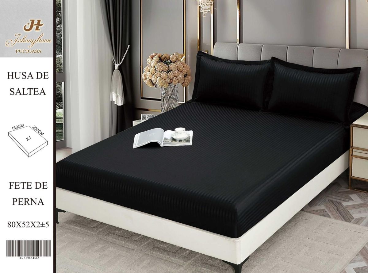 Damasc Deluxe cu Elastic, Negru,160x200cm, 2 fete de perne, E131