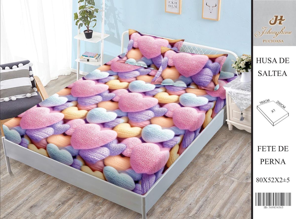 Husa Din Bumbac Satinat Cu Elastic Si Fete De Perna 160X200cm - Inimi Crosetate