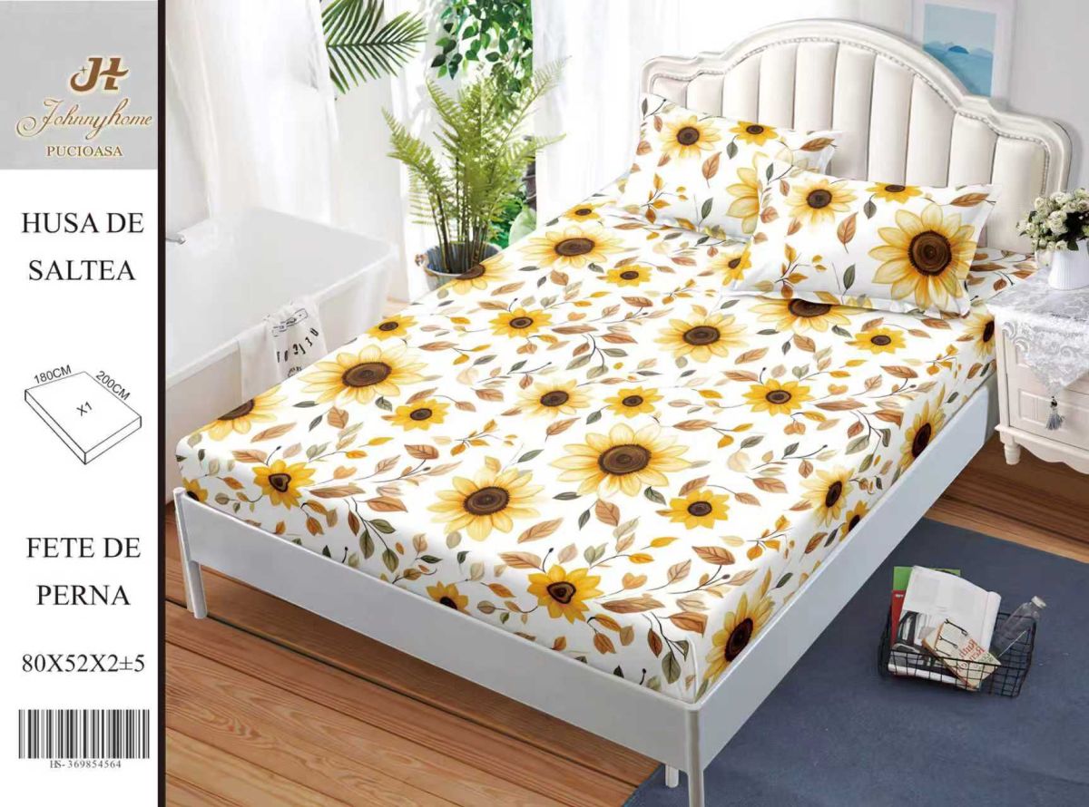 Husa Din Bumbac Satinat Cu Elastic Si Fete De Perna 180x200cm - Floarea Soarelui