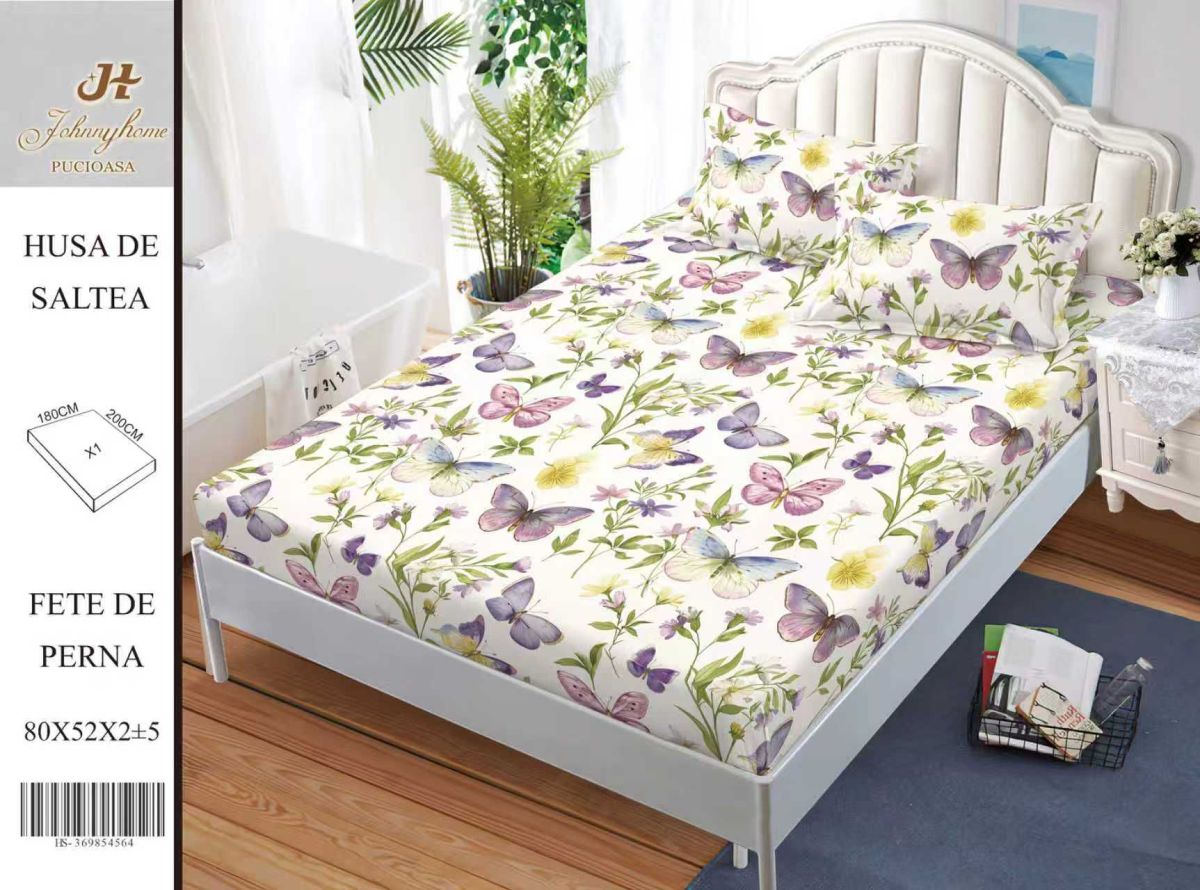 Husa Din Bumbac Satinat Cu Elastic Si Fete De Perna 180x200cm - Fluturasi Multicolori