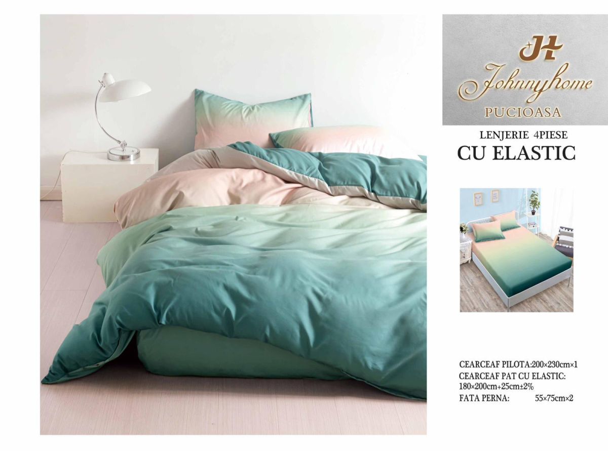 Lenjerie De Pat Bumbac Satinat Superior - Bicolor Verde Cu Roz