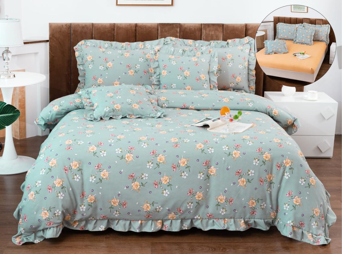 Lenjerie Din Bumbac Tip Finet Cu Elastic ,6 Piese,Model Volanas - Portocaliu Cu Flori
