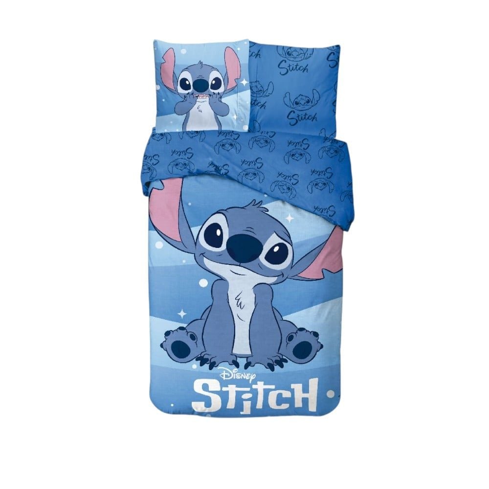 Set lenjerie pat, 100% bumbac, 2 piese, 140x200 cm, 65x65 cm, albastru, Happy, Stitch