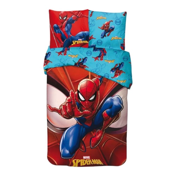 Set lenjerie pat, 100% bumbac, 2 piese, 140x200 cm, 65x65 cm, rosu, Happy, Spiderman