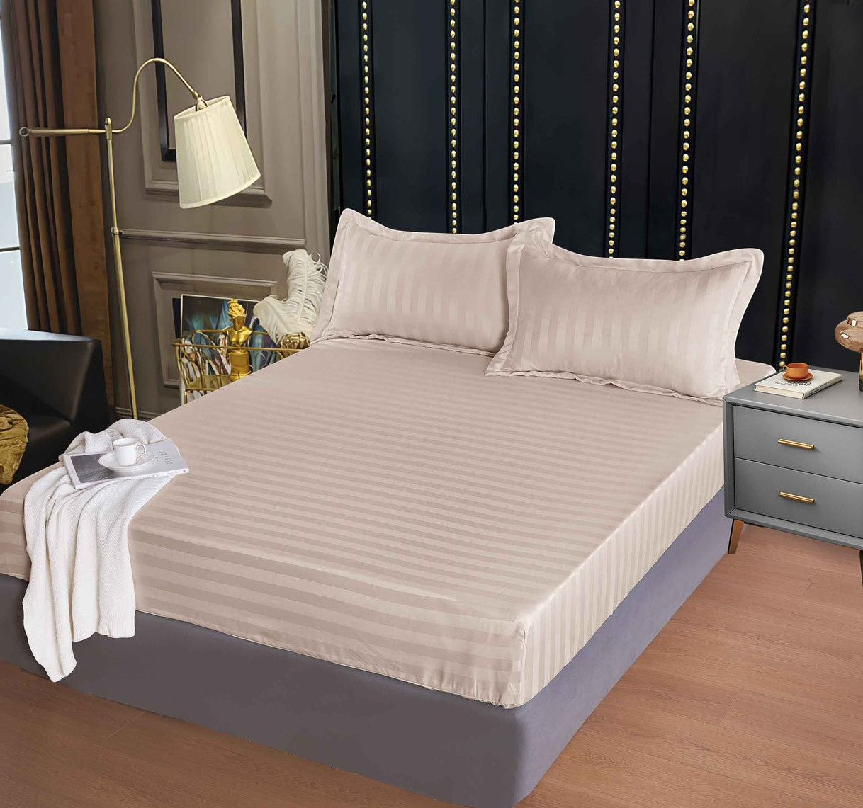 Damasc Deluxe cu Elastic, Bej,160x200cm, 2 fete de perne, E111