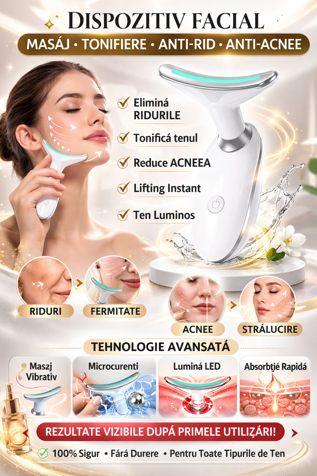 Dispozitiv masaj Facial 4 în 1 – Masaj, Tonifiere, Anti-rid & Anti-acnee