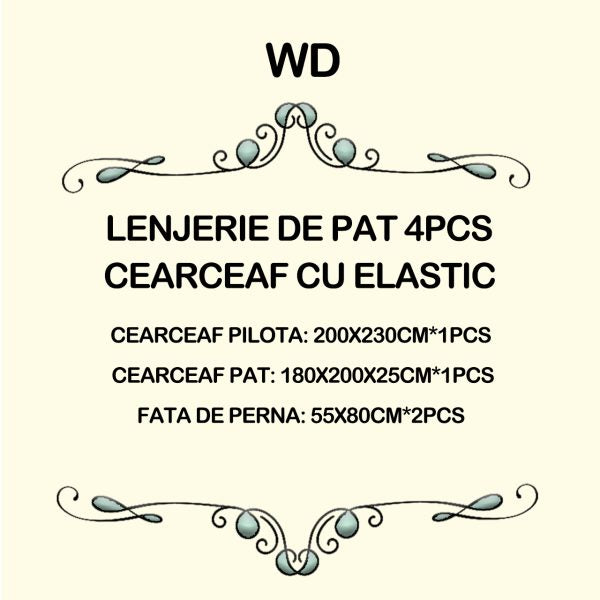 Lenjerie pat dublu, FINET, 5D Digital Print, cu Elastic, 4 piese, WD8031