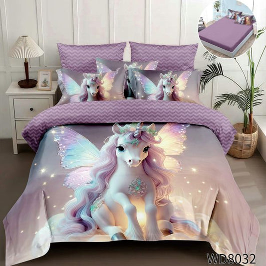 Lenjerie pat dublu,UNICORN MOV, FINET, 5D Digital Print, cu Elastic, 4 piese, WD8032