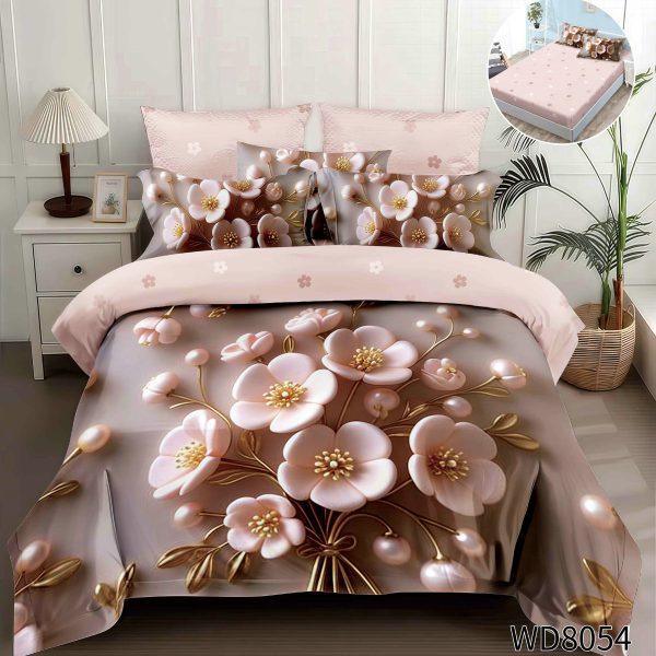 Lenjerie pat dublu,Flori, FINET, 5D Digital Print, cu Elastic, 4 piese, WD8054