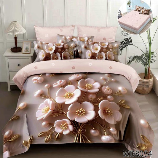 Lenjerie pat dublu,Flori, FINET, 5D Digital Print, cu Elastic, 4 piese, WD8054