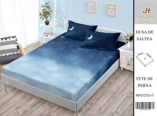 Husa Din Bumbac Satinat Cu Elastic Si Fete De Perna 160X200cm - Cer Albastru