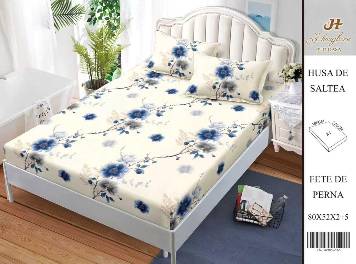 Husa Din Bumbac Satinat Cu Elastic Si Fete De Perna 160X200cm - Floricele Albastre