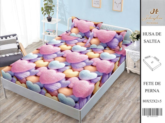 Husa Din Bumbac Satinat Cu Elastic Si Fete De Perna 160X200cm - Inimi Crosetate