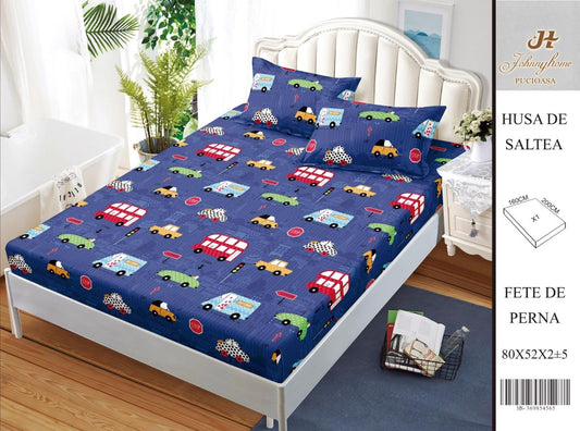 Husa Din Bumbac Satinat Cu Elastic Si Fete De Perna 160X200cm - Masinute Coloratecod