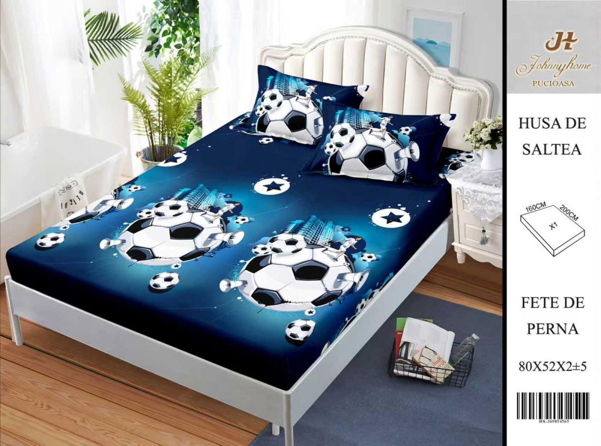 Husa Din Bumbac Satinat Cu Elastic Si Fete De Perna 160X200cm - Minge De Fotbal