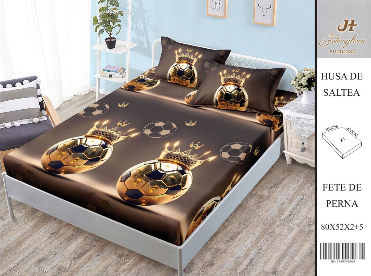 Husa Din Bumbac Satinat Cu Elastic Si Fete De Perna 160X200cm - Mingea De Aur