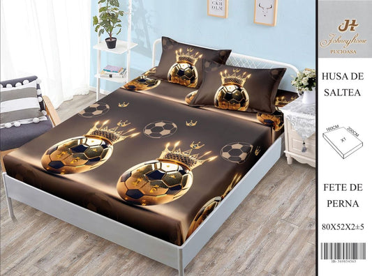 Husa Din Bumbac Satinat Cu Elastic Si Fete De Perna 160X200cm - Mingea De Aur