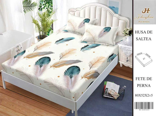 Husa Din Bumbac Satinat Cu Elastic Si Fete De Perna 160X200cm - Pene