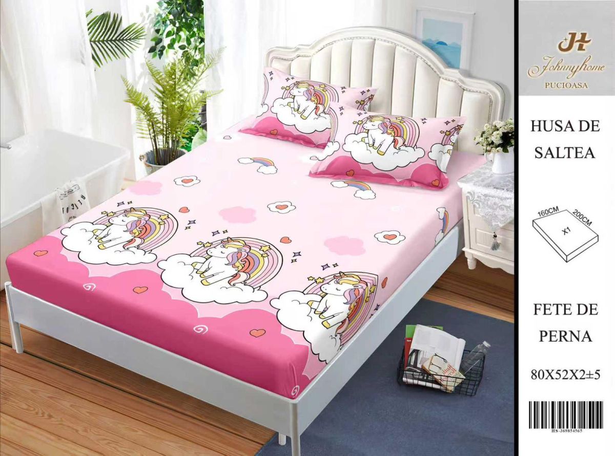 Husa Din Bumbac Satinat Cu Elastic Si Fete De Perna 160X200cm - Unicorn Pe Norisori