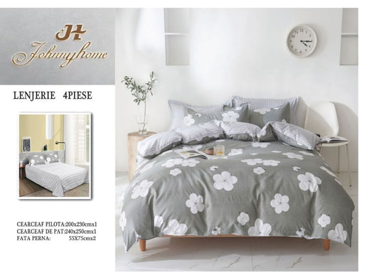 Lenjerie De Pat Bumbac Satinat Superior - Gri Cu Floricele