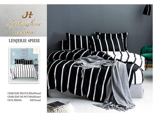 Lenjerie De Pat Bumbac Satinat Superior - Neagră Cu Dungi