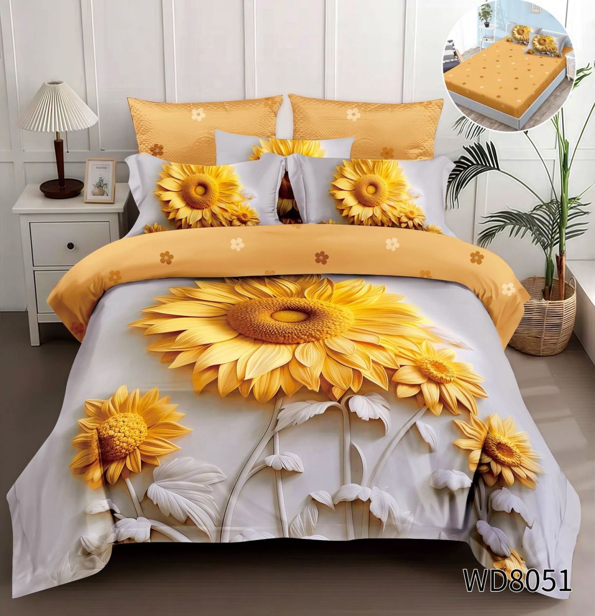 Lenjerie pat dublu,Floarea Soarelui, FINET, 5D Digital Print, cu Elastic, 4 piese, WD8051