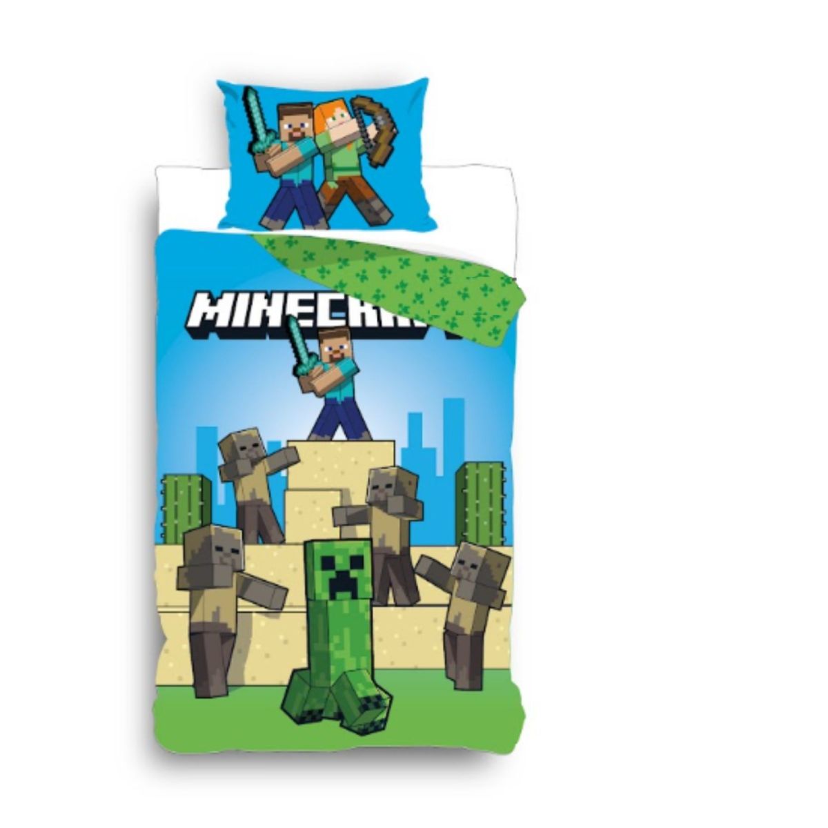 Set lenjerie pat, 100% bumbac, 2 piese, 140x200 cm, 65x65 cm, multicolor, Minecraft