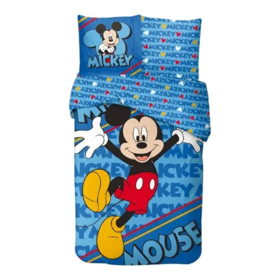 Set lenjerie pat, 100% bumbac, 2 piese, 140x200 cm, 65x65 cm, albastru, Happy, Mickey Mouse