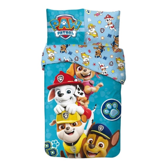 Set lenjerie pat, 100% bumbac, 2 piese, 140x200 cm, 65x65 cm, albastru, Happy, Paw Patrol