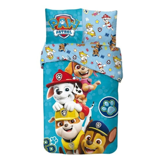 Set lenjerie pat, 100% bumbac, 2 piese, 140x200 cm, 65x65 cm, albastru, Happy, Paw Patrol
