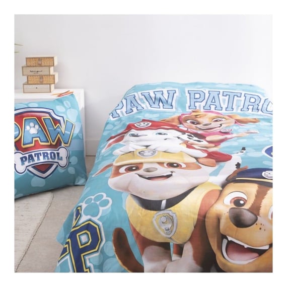 Set lenjerie pat, 100% bumbac, 2 piese, 140x200 cm, 65x65 cm, albastru, Happy, Paw Patrol
