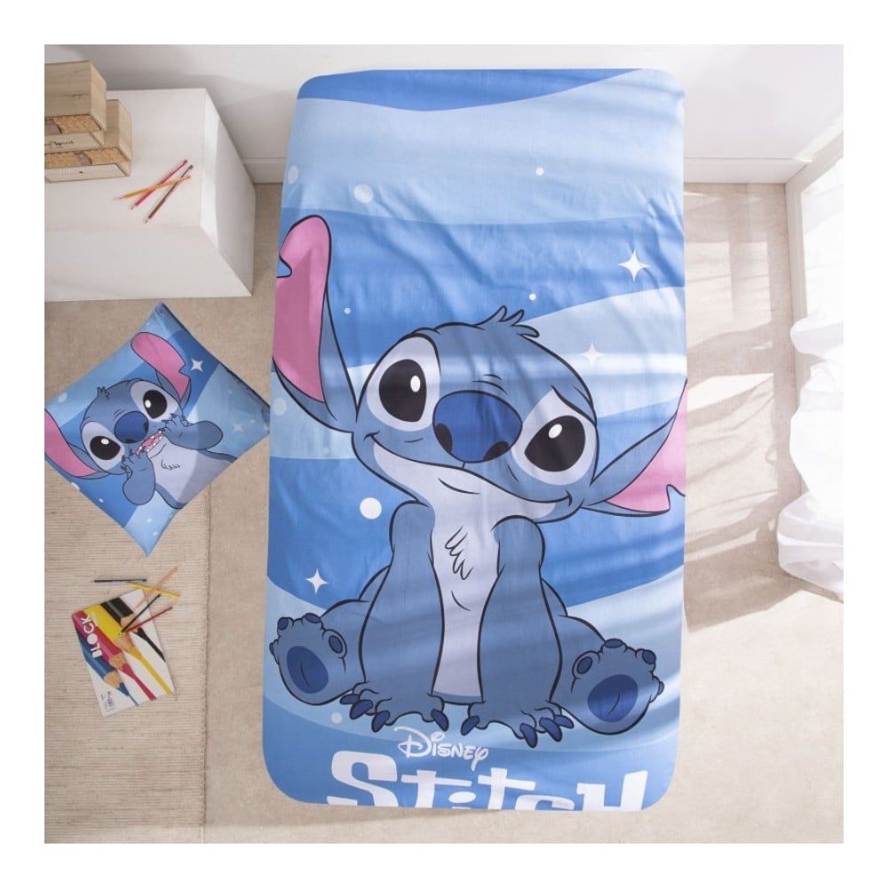 Set lenjerie pat, 100% bumbac, 2 piese, 140x200 cm, 65x65 cm, albastru, Happy, Stitch