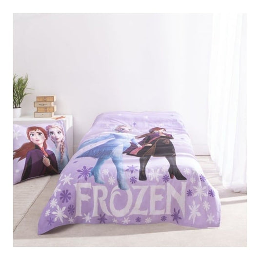 Set lenjerie pat, 100% bumbac, 2 piese, 140x200 cm, 65x65 cm, mov, Happy, Frozen,Ana si Elsa