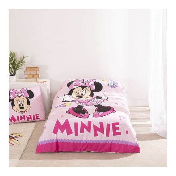 Set lenjerie pat, 100% bumbac, 2 piese, 140x200 cm, 65x65 cm, roz, Minnie Mouse
