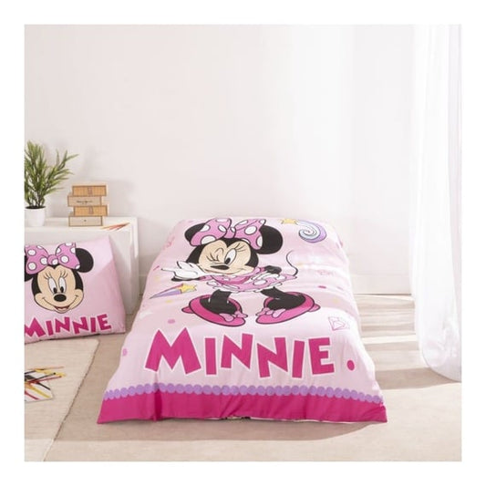 Set lenjerie pat, 100% bumbac, 2 piese, 140x200 cm, 65x65 cm, roz, Minnie Mouse