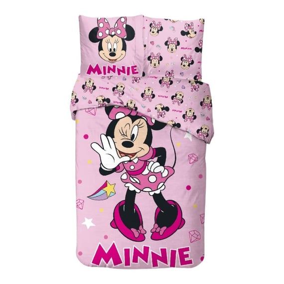 Set lenjerie pat, 100% bumbac, 2 piese, 140x200 cm, 65x65 cm, roz, Minnie Mouse