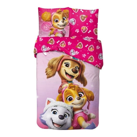 Set lenjerie pat, 100% bumbac, 2 piese, 140x200 cm, 65x65 cm, roz, Happy, Paw Patrol