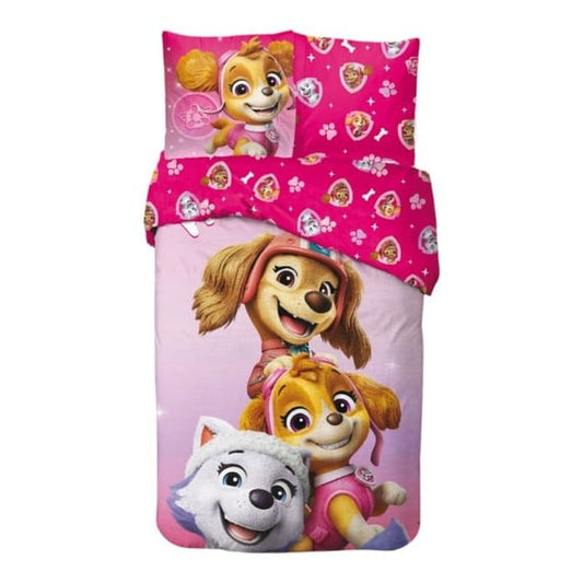 Set lenjerie pat, 100% bumbac, 2 piese, 140x200 cm, 65x65 cm, roz, Happy, Paw Patrol