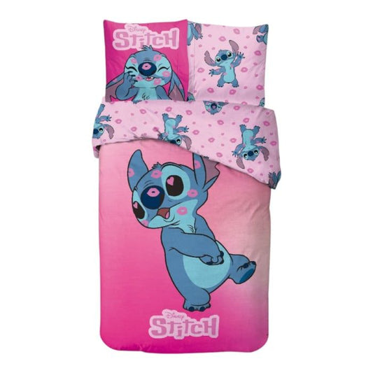 Set lenjerie pat, 100% bumbac, 2 piese, 140x200 cm, 65x65 cm, roz, Happy, Stitch